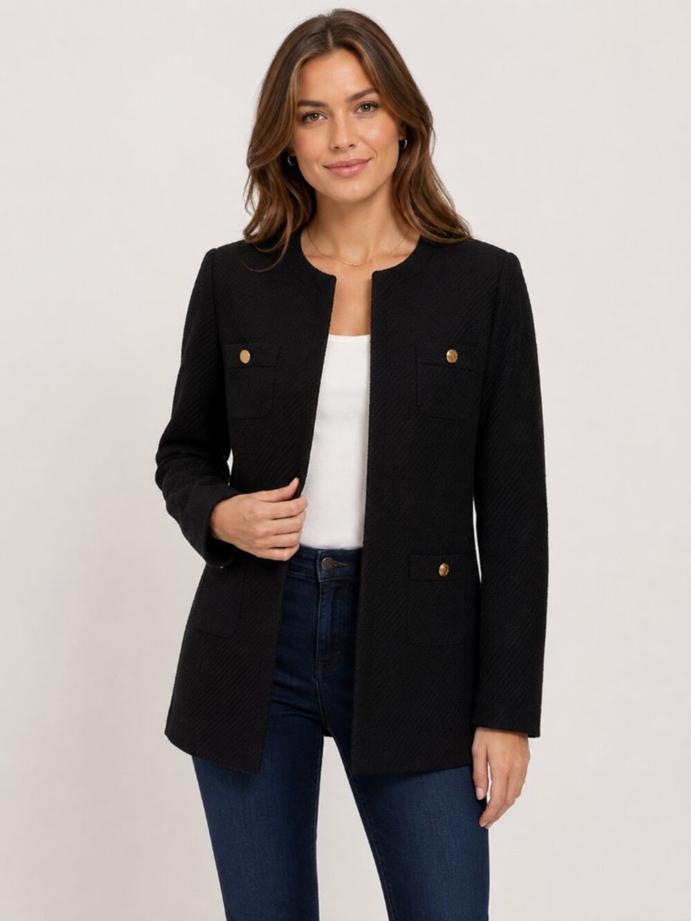 Anne Klein Black Textured Open Front Blazer Jacket Gold Button Pockets Size Med